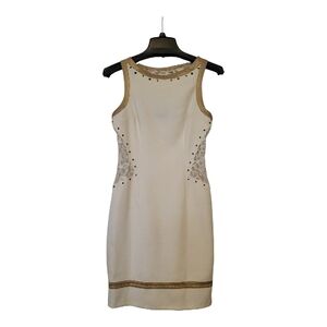 Chic Shirred-Waist Knee Lenght Lace Studded  Dress  in Cream and Gold